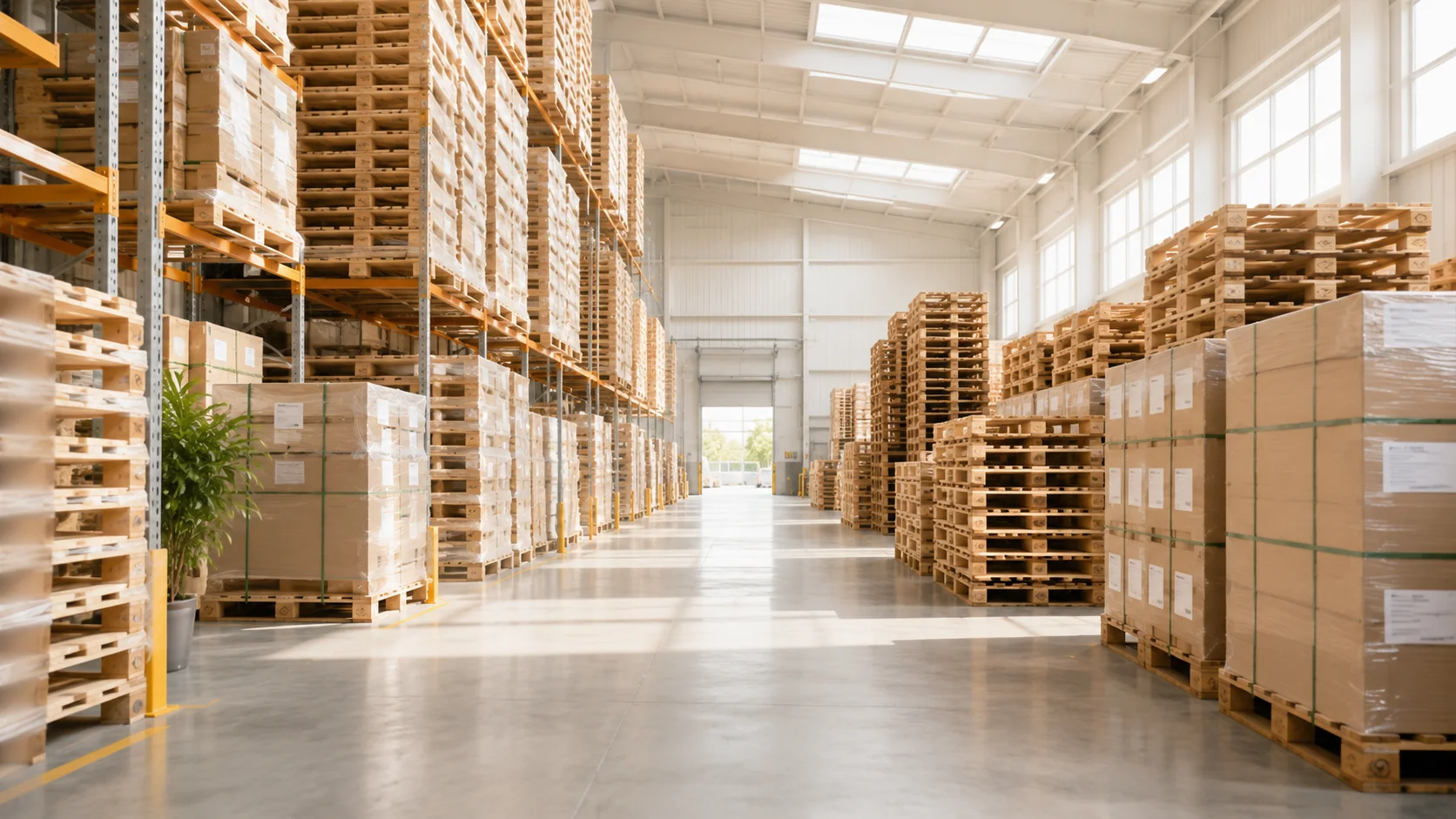Almacén logístico con palets preparados para distribución