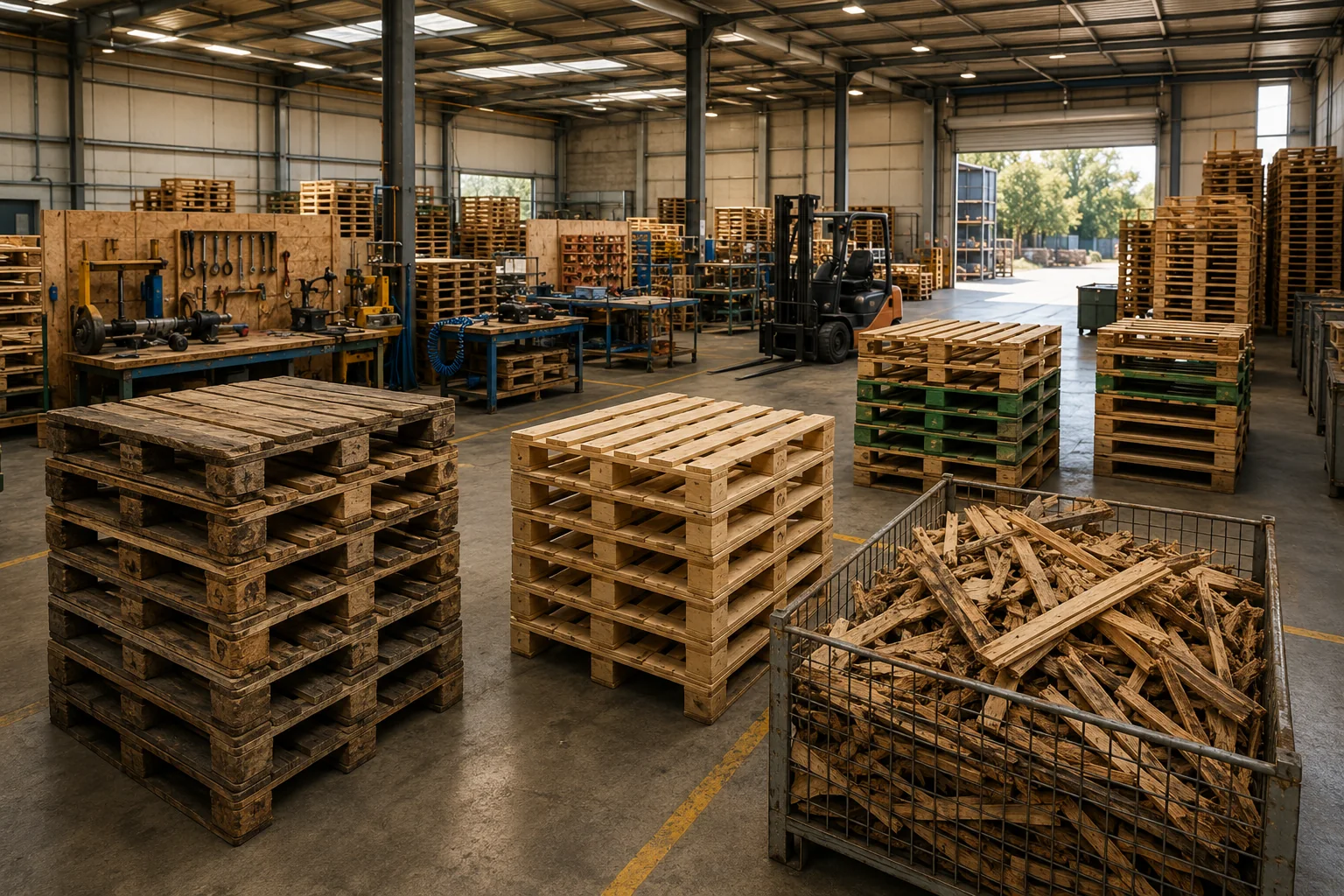 Zona de clasificación, reparación y reciclaje de palets
