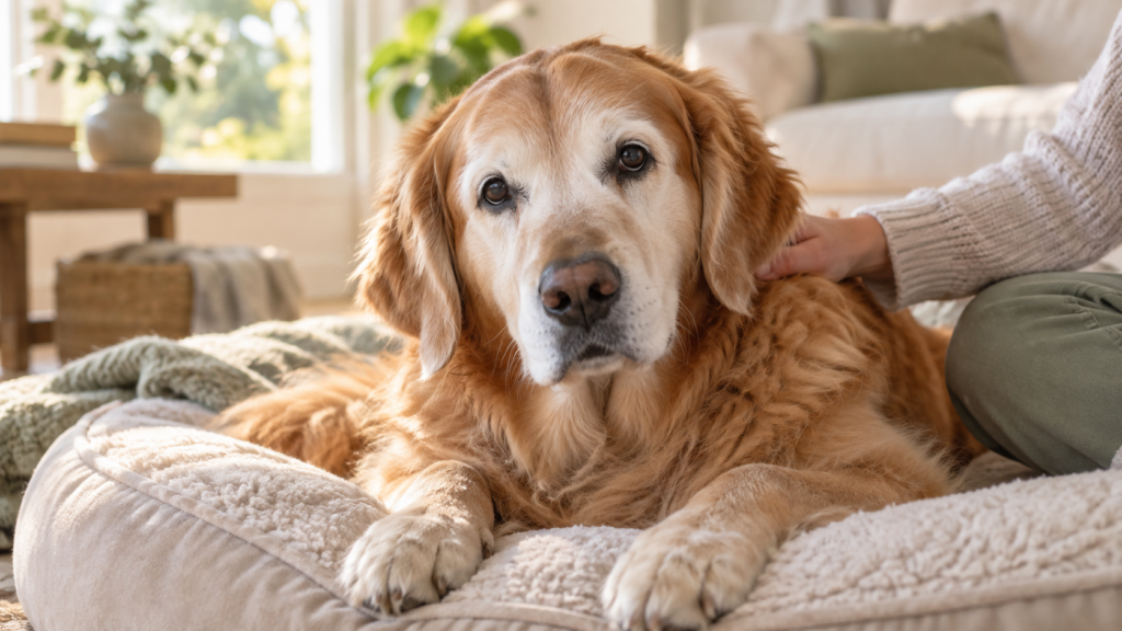 Perro golden retriever mayor con el hocico canoso descansando en una cama mientras recibe una caricia.